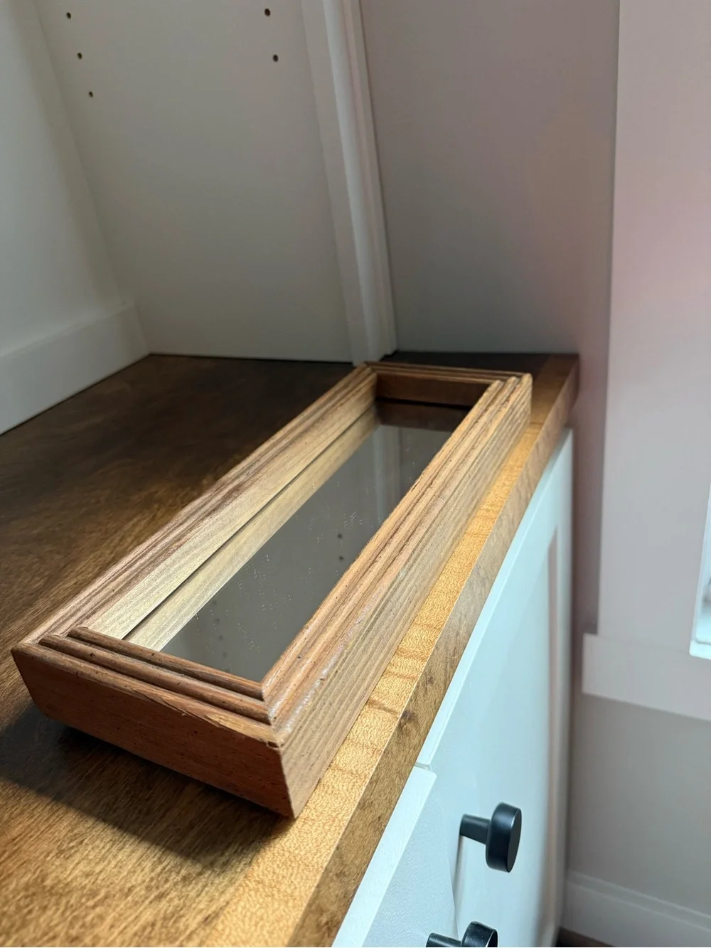 Vintage MCM Narrow Rectangular Accent Mirror, Brown Wood Frame